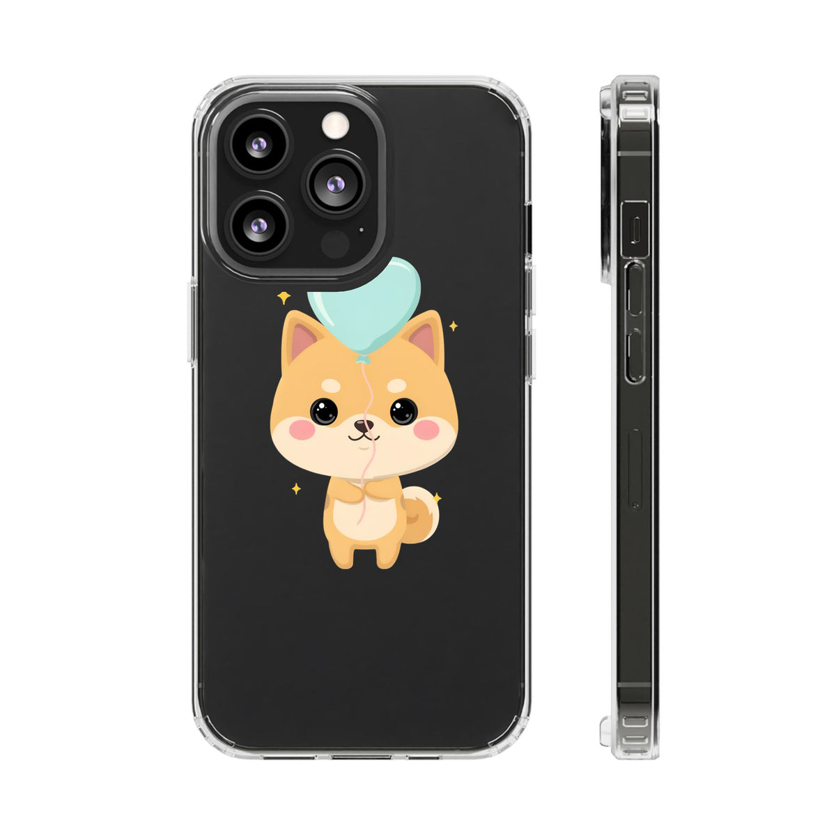 Kawaii Shiba Inu Clear Phone Case with Heart Balloon