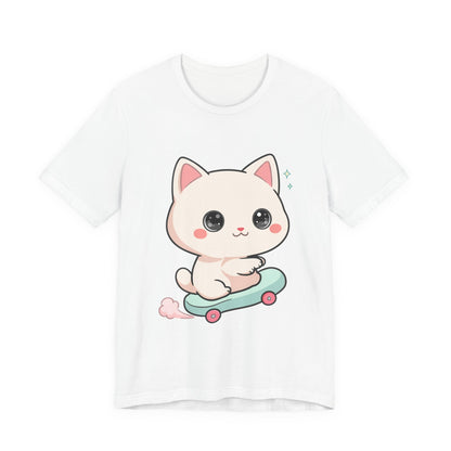 Kawaii Skateboarding Cat T-Shirt – Cute Chibi Kitty Tee