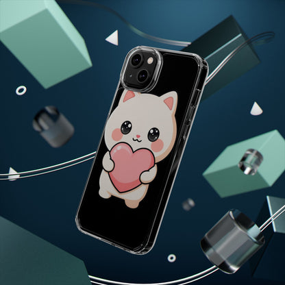 Kawaii Cat Phone Case with Heart, Clear Impact-Resistant