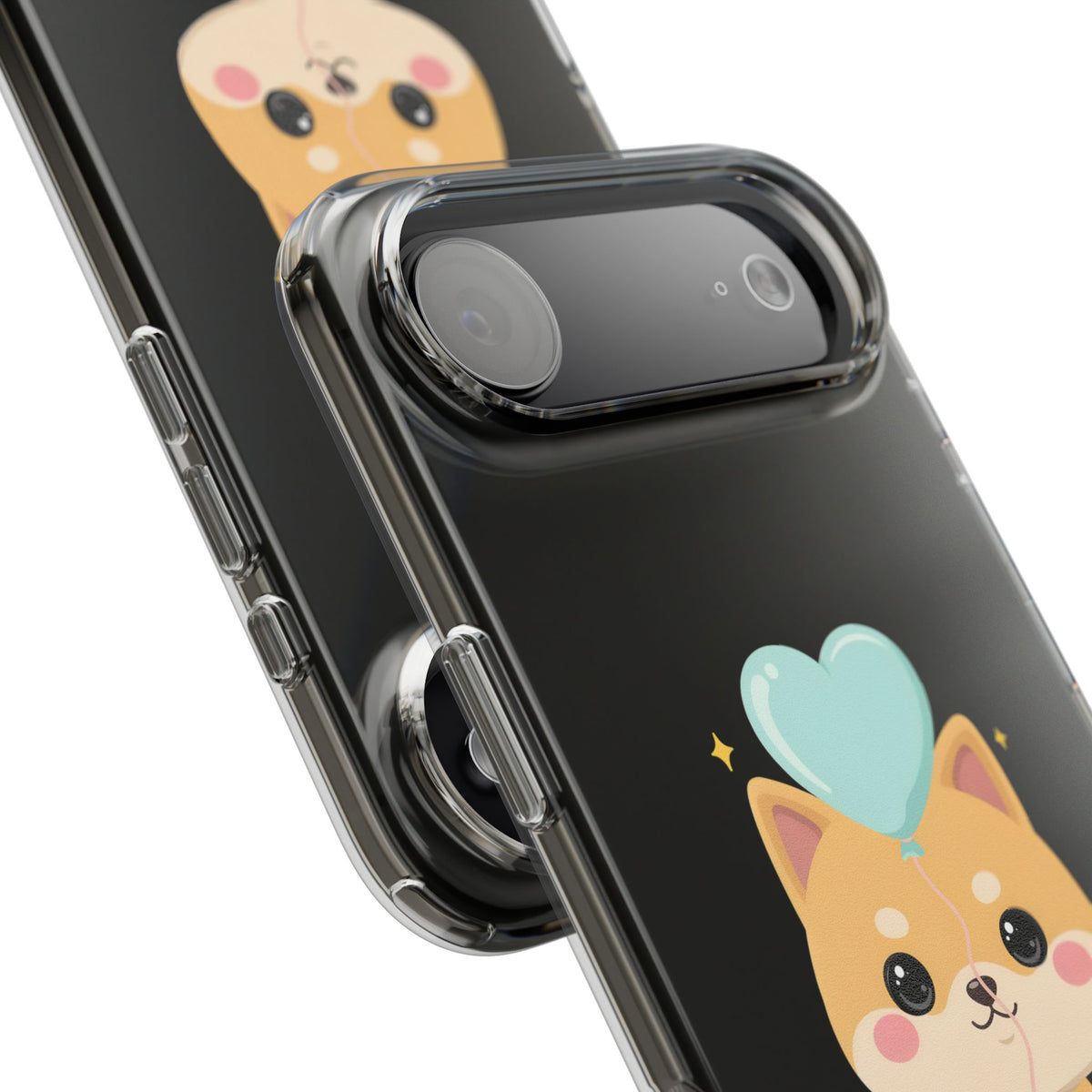Kawaii Shiba Inu Clear Phone Case with Heart Balloon