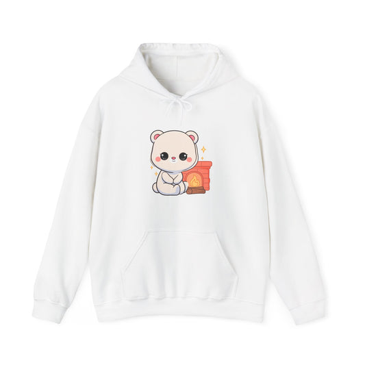 Kawaii Polar Bear Hoodie, Cozy Fireplace Cub Sweatshirt