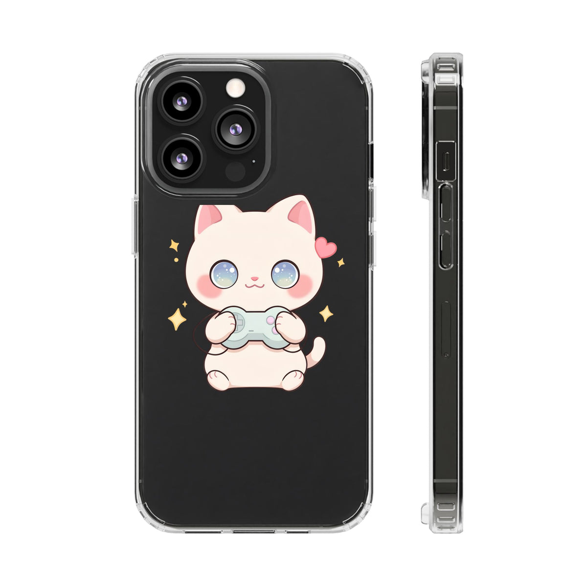 Kawaii Gamer Cat Clear Phone Case for Gaming Fans