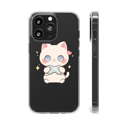 Kawaii Gamer Cat Clear Phone Case for Gaming Fans