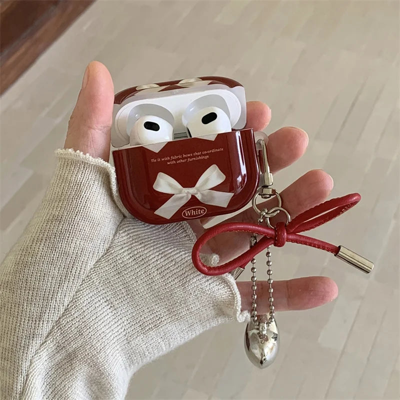 Kawaii AirPods case with 3D ribbon bow, side angle view