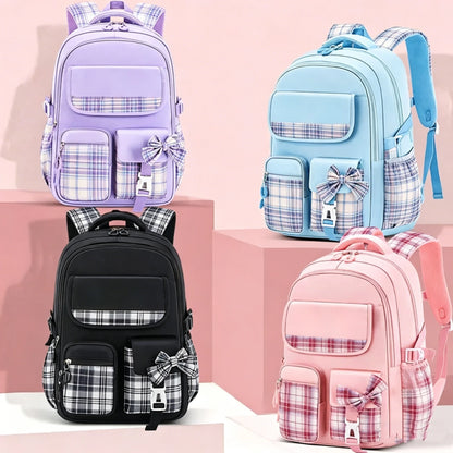 Ergonomic spine-care checkered school backpack for girls in Big Pink, front view