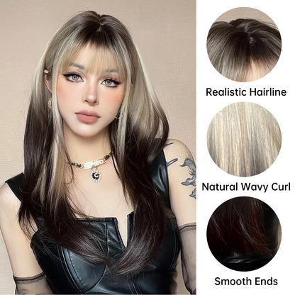 Close-up of heat-resistant synthetic fiber texture on straight ombre wig, brown root to white tip