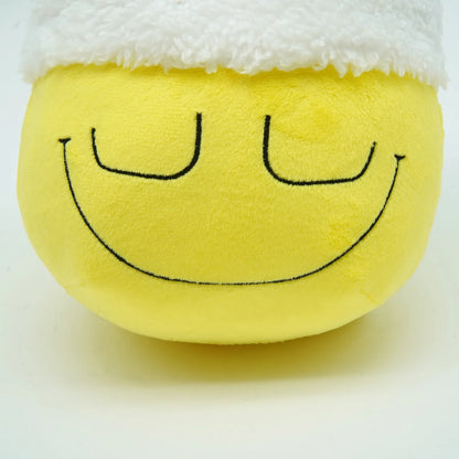 Dozing Dozer plushie close-up drowsy half-moon eyes short-pile polyester detail