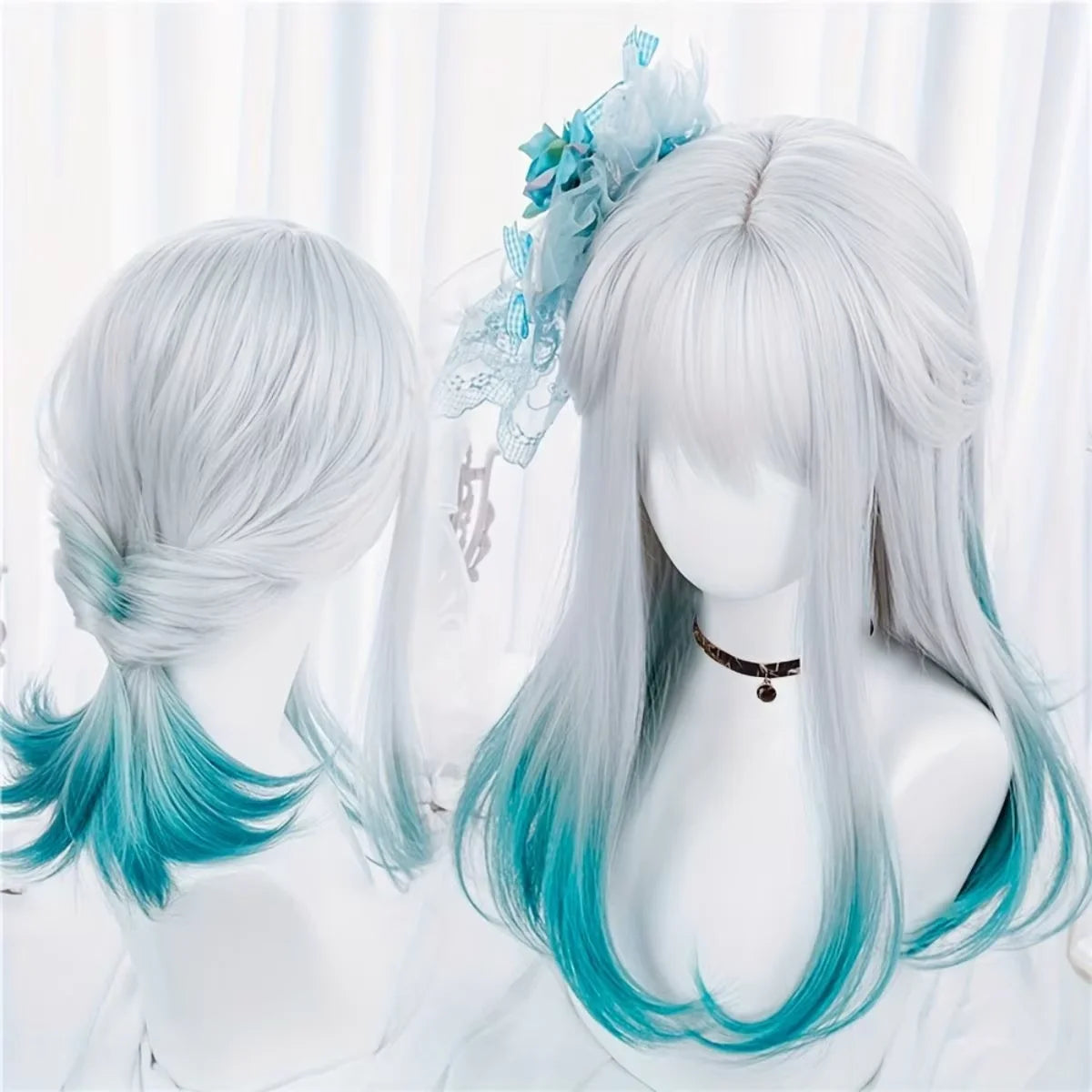 Kawaii cosplay wig white teal ombre fiber texture close-up showing weft density
