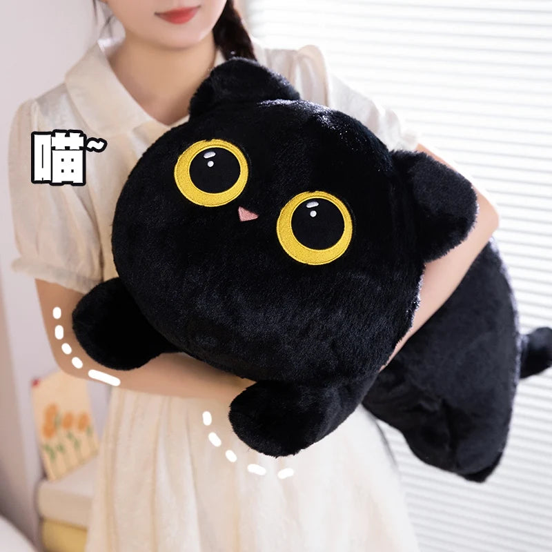 Grey kawaii cat plush pillow on kawaii bedroom shelf with room decor