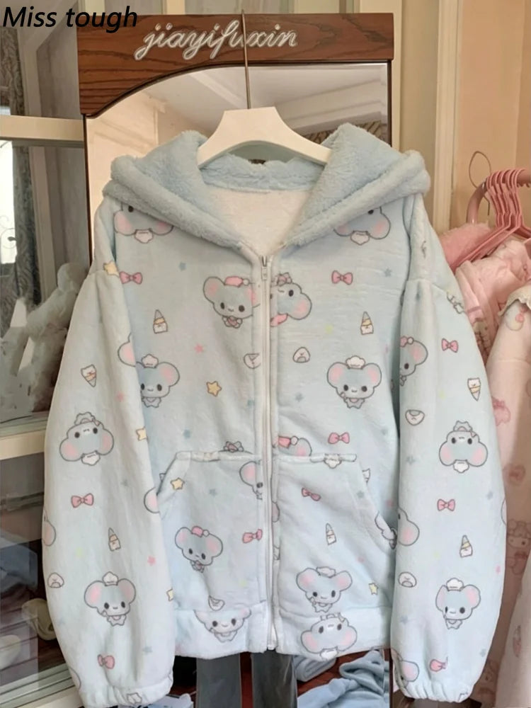 Kawaii fleece coat side view showing relaxed oversized silhouette and hood