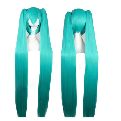 Close-up of heat-resistant synthetic fiber on aqua 110cm cosplay wig
