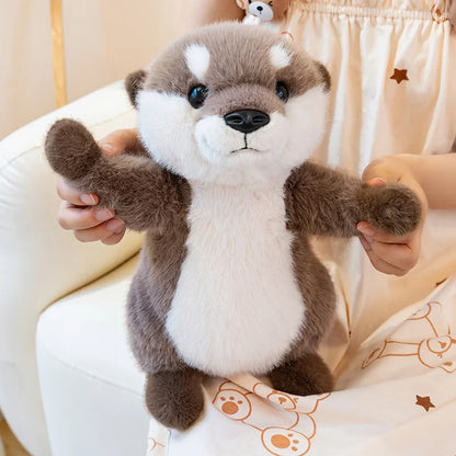 35cm kawaii otter stuffed animal pillow on bed next to pastel cushions, size in context