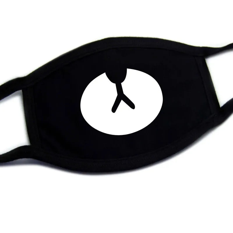 Black oval kawaii anime face mask with bunny nose print, unisex breathable design for Harajuku coords