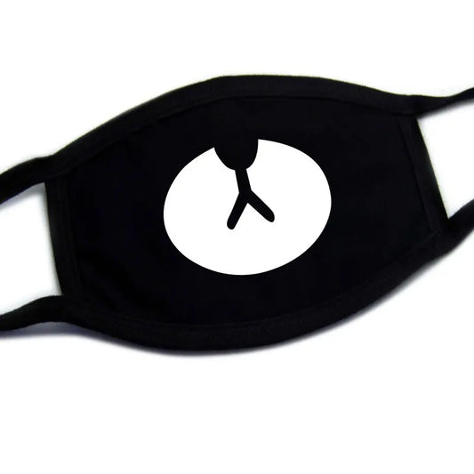 Black oval kawaii anime face mask with bunny nose print, unisex breathable design for Harajuku coords
