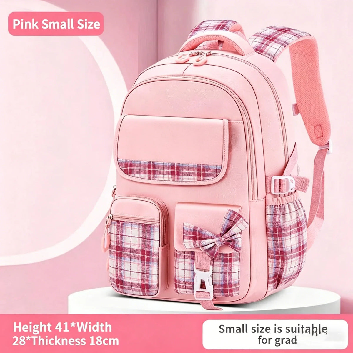 Kawaii-Faces plaid school backpack interior pockets and organizer layout
