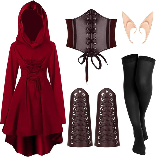 Women's 5-piece Halloween masquerade queen costume set in burgundy, full front view