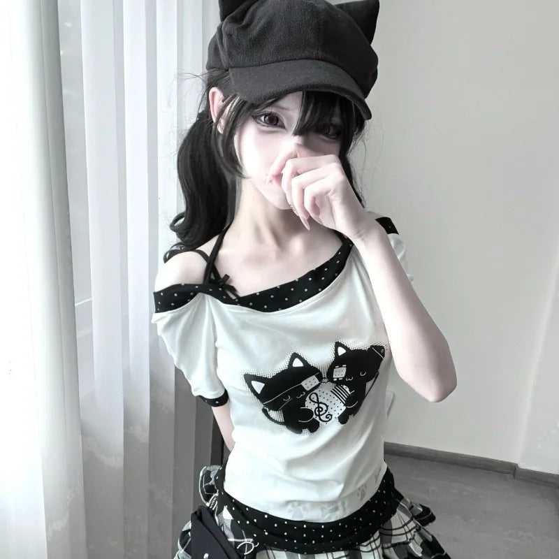 Kawaii off-shoulder tee back view slim fit short sleeve white