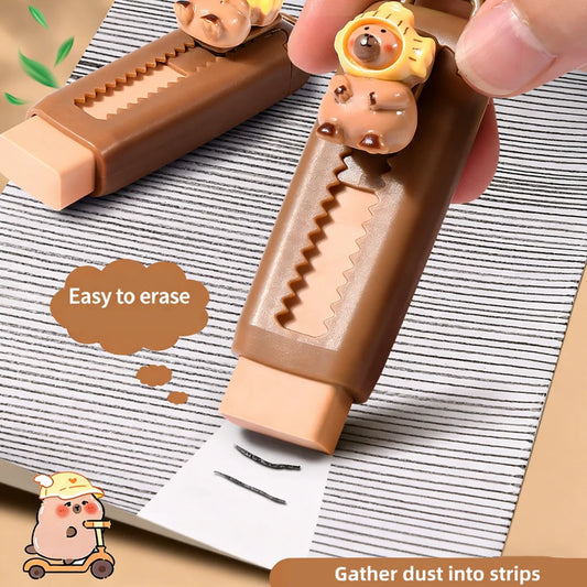 Kawaii capybara retractable eraser push-pull mechanism extended side view