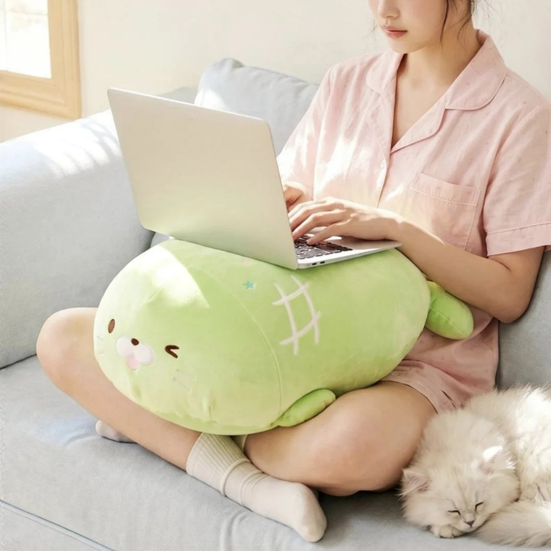 All four kawaii seal plush colors blue white pink green lined up together at 38cm