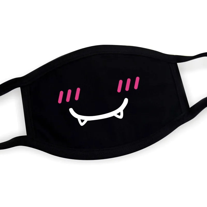 Black kawaii anime face mask with fang smile and blush print, unisex breathable design for Harajuku and cosplay