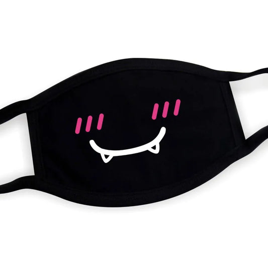 Black kawaii anime face mask with fang smile and blush print, unisex breathable design for Harajuku and cosplay