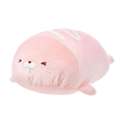 Blue stuffed seal plush pillow held in arms demonstrating 38cm huggable size