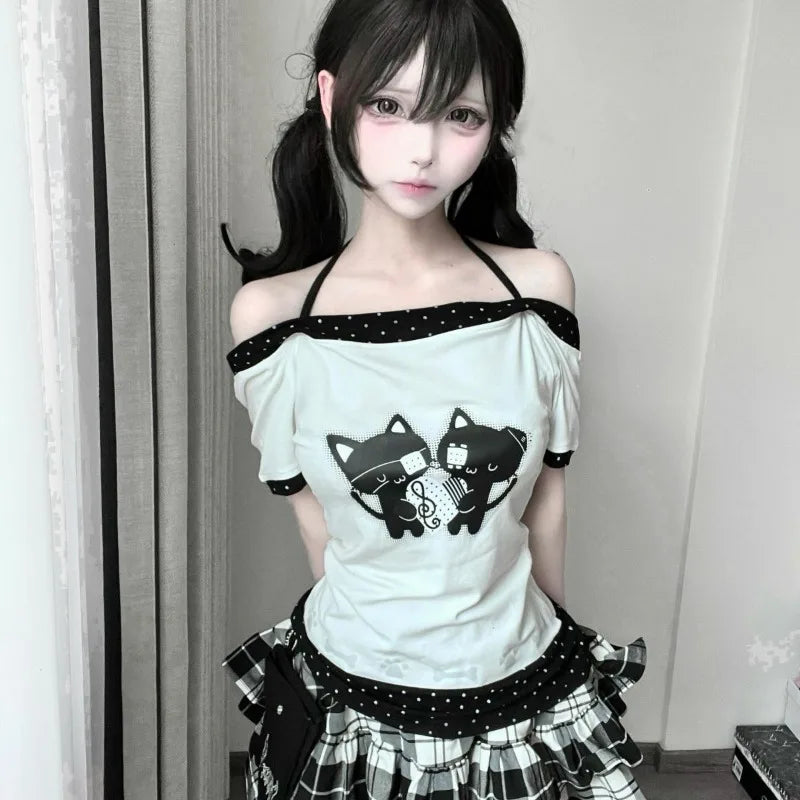 White kawaii polka dot tee styled with Harajuku sweet-girl outfit
