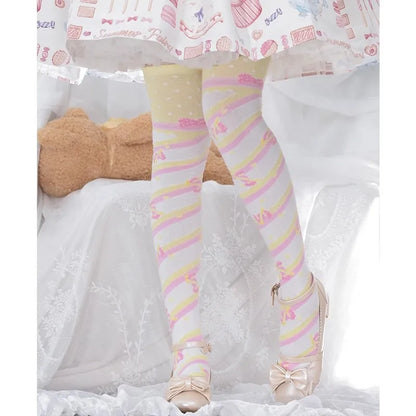 Four kawaii knee high stocking colorways laid out side by side for color comparison