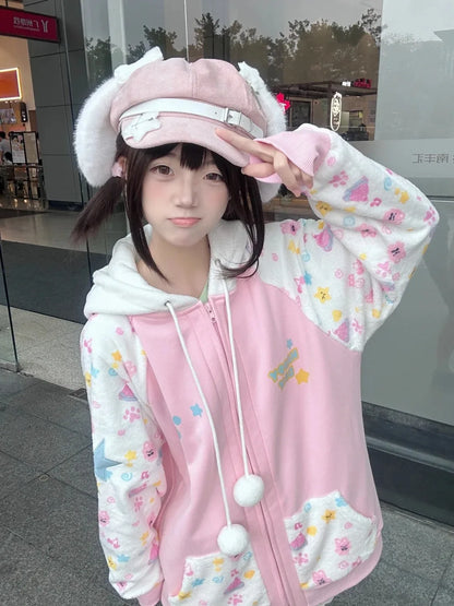 Kawaii women sweatshirt Y2K cartoon print hood detail close-up