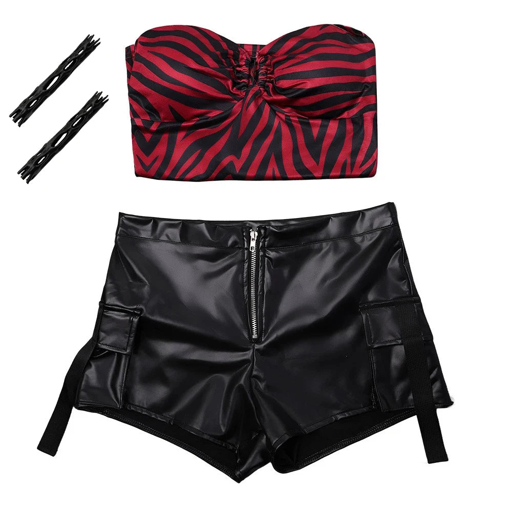 Faux leather panel cargo shorts Nikki Obsession cosplay close-up detail