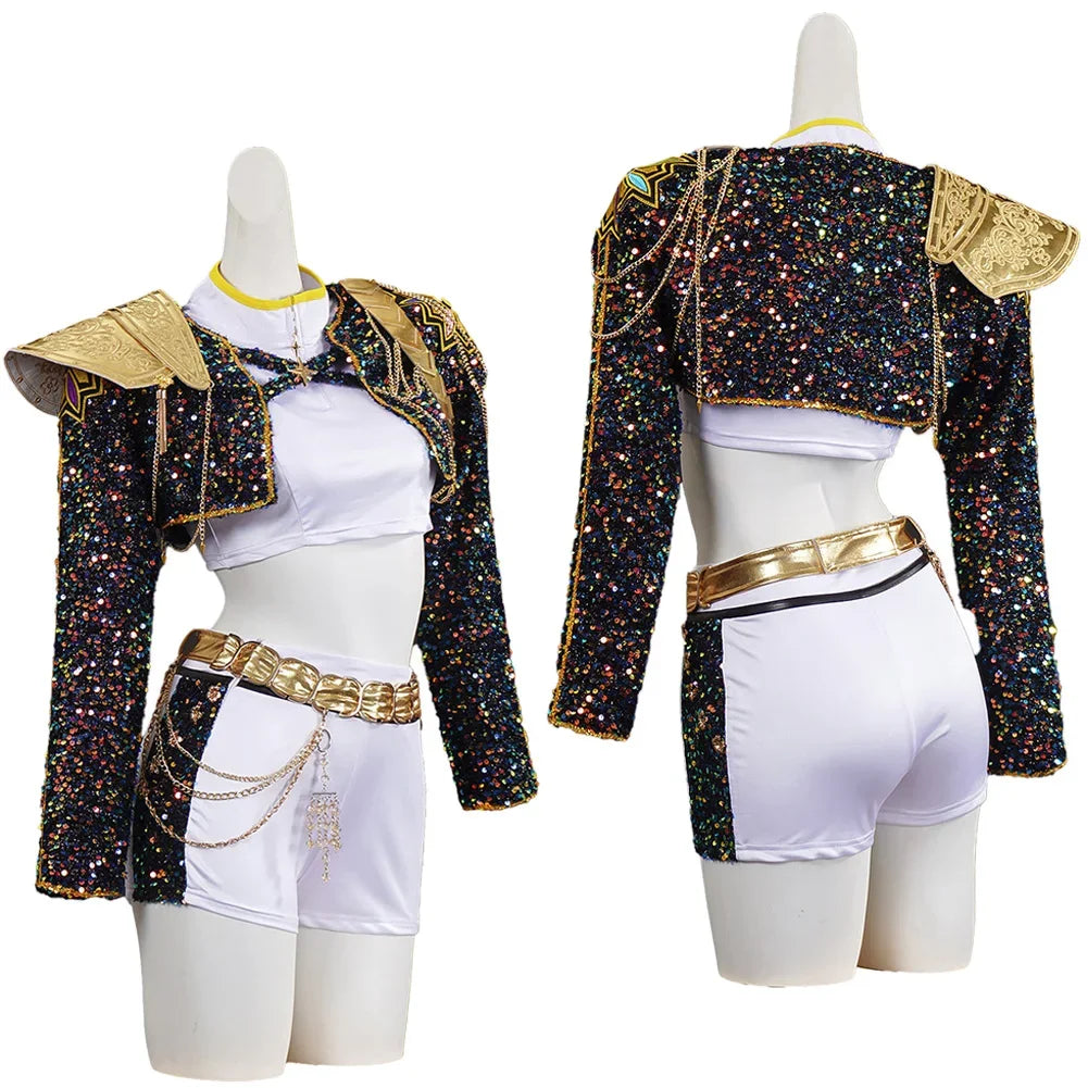 Black golden kawaii cosplay costume set full outfit front view, top and bottoms