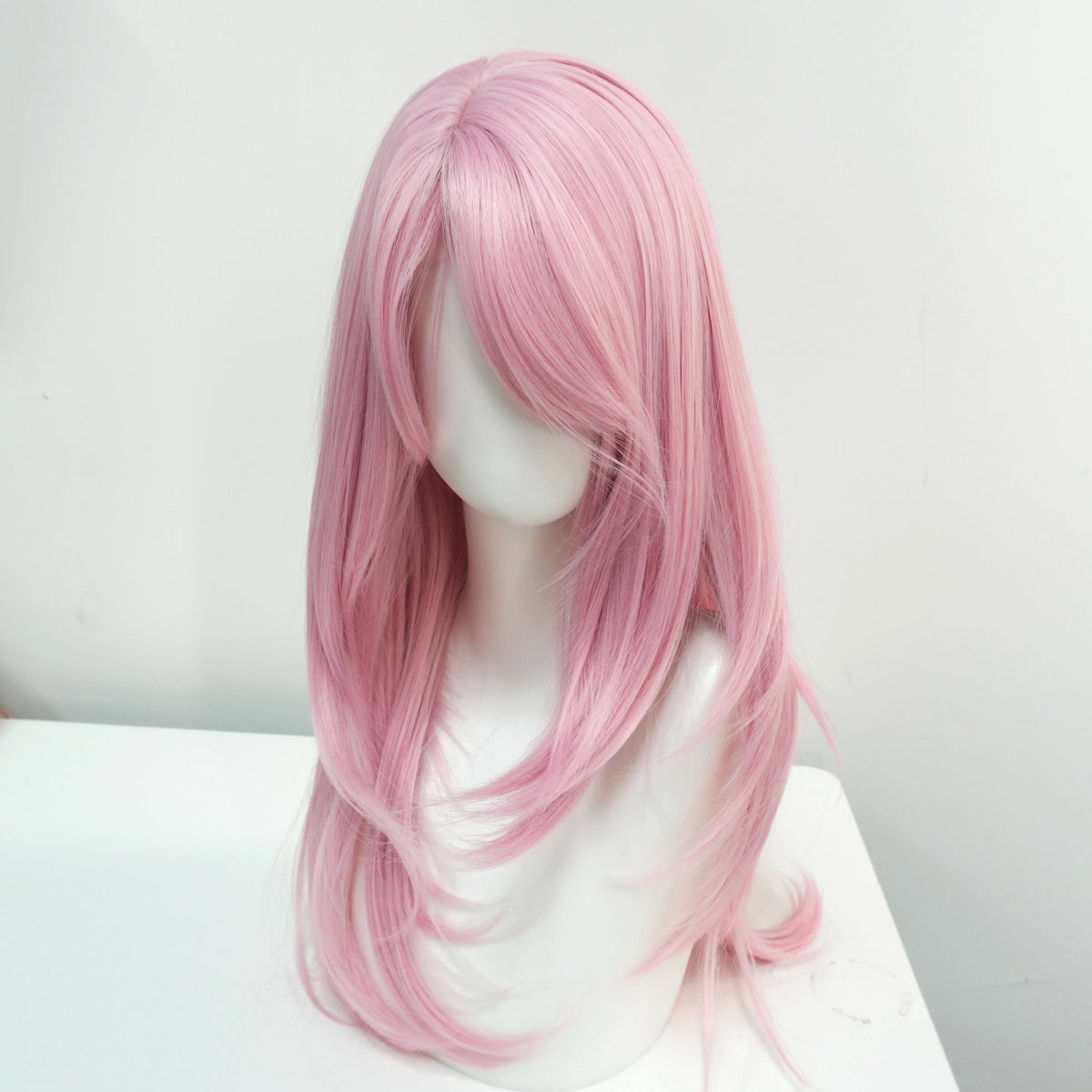 Pink Lolita cosplay wig 20 inch straight layers side profile showing full length