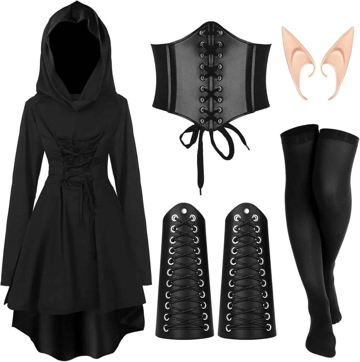 All five pieces of the burgundy Halloween masquerade queen costume set laid flat