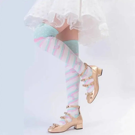 Kawaii polka dot knee high stockings in pastel colorway, over-the-knee Lolita style