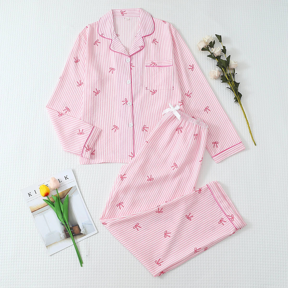 Striped kawaii pajama set size comparison S M L XL garment length