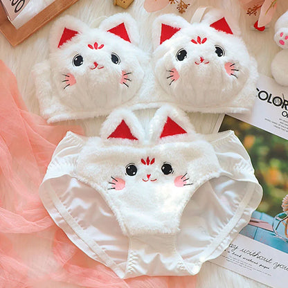 Kawaii plush bra set with embroidered cat motif, front view, soft knit fabric