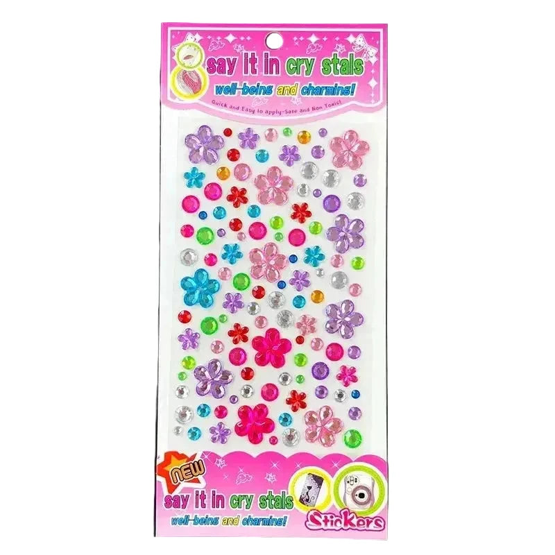Full 22.5 x 10 cm acrylic crystal sticker sheet laid flat showing all gem shapes