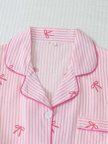 Pink striped pajama set long pants full length side view women