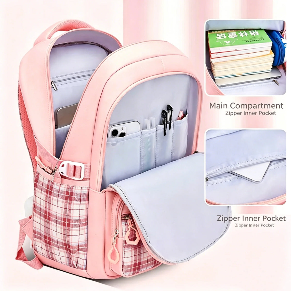 Large capacity waterproof Oxford checkered backpack open to show main compartment