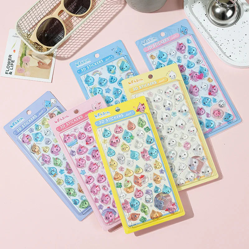 Six kawaii 3D crystal water droplet stickers on white background showing raised dome profile