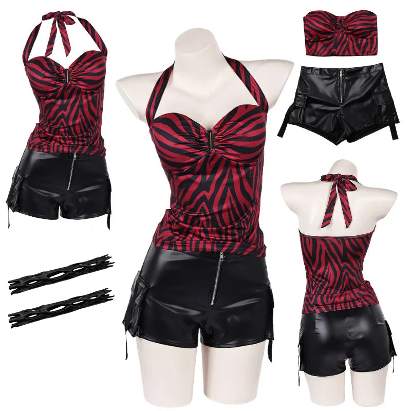 Obsession Nikki cosplay costume full set front view zebra halter top faux leather cargo shorts