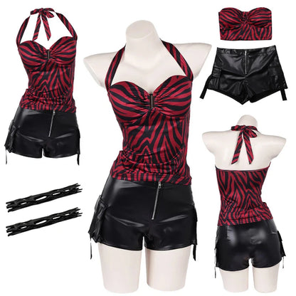 Obsession Nikki cosplay costume full set front view zebra halter top faux leather cargo shorts