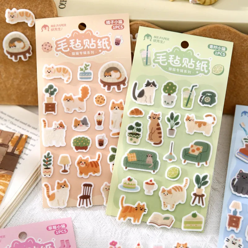 Close-up of kawaii cat felt sticker showing soft matte texture and motif detail