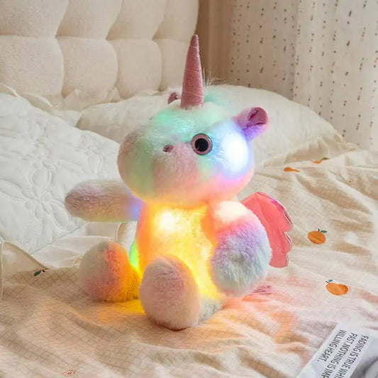 Luminous unicorn kawaii plush toy 25 cm front view pastel glow fabric