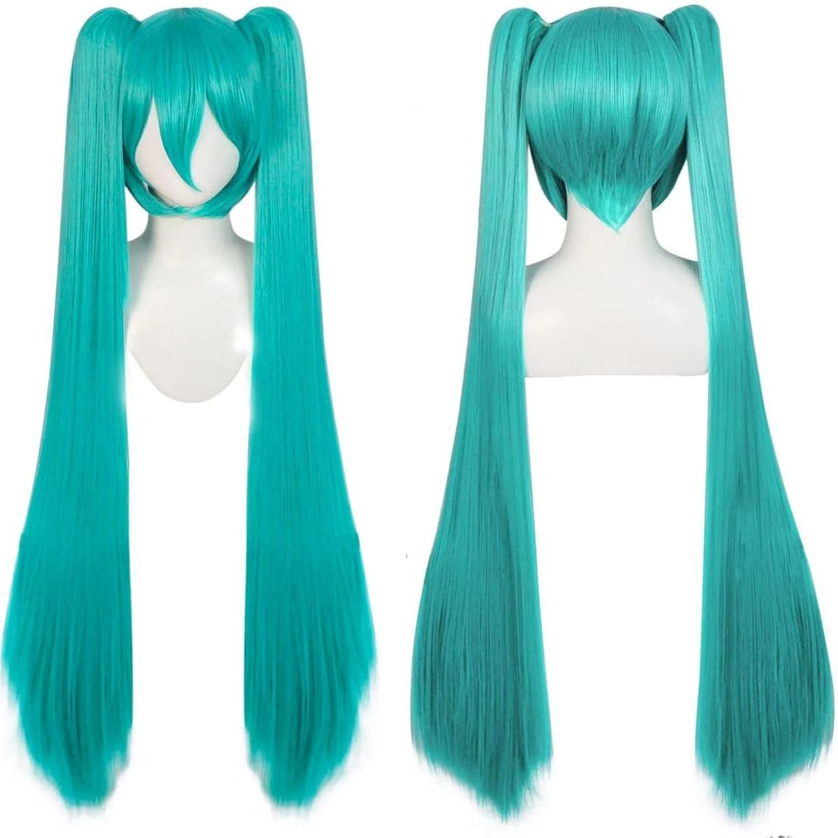 110cm aqua cosplay wig with two clip-on ponytails, front view on mannequin