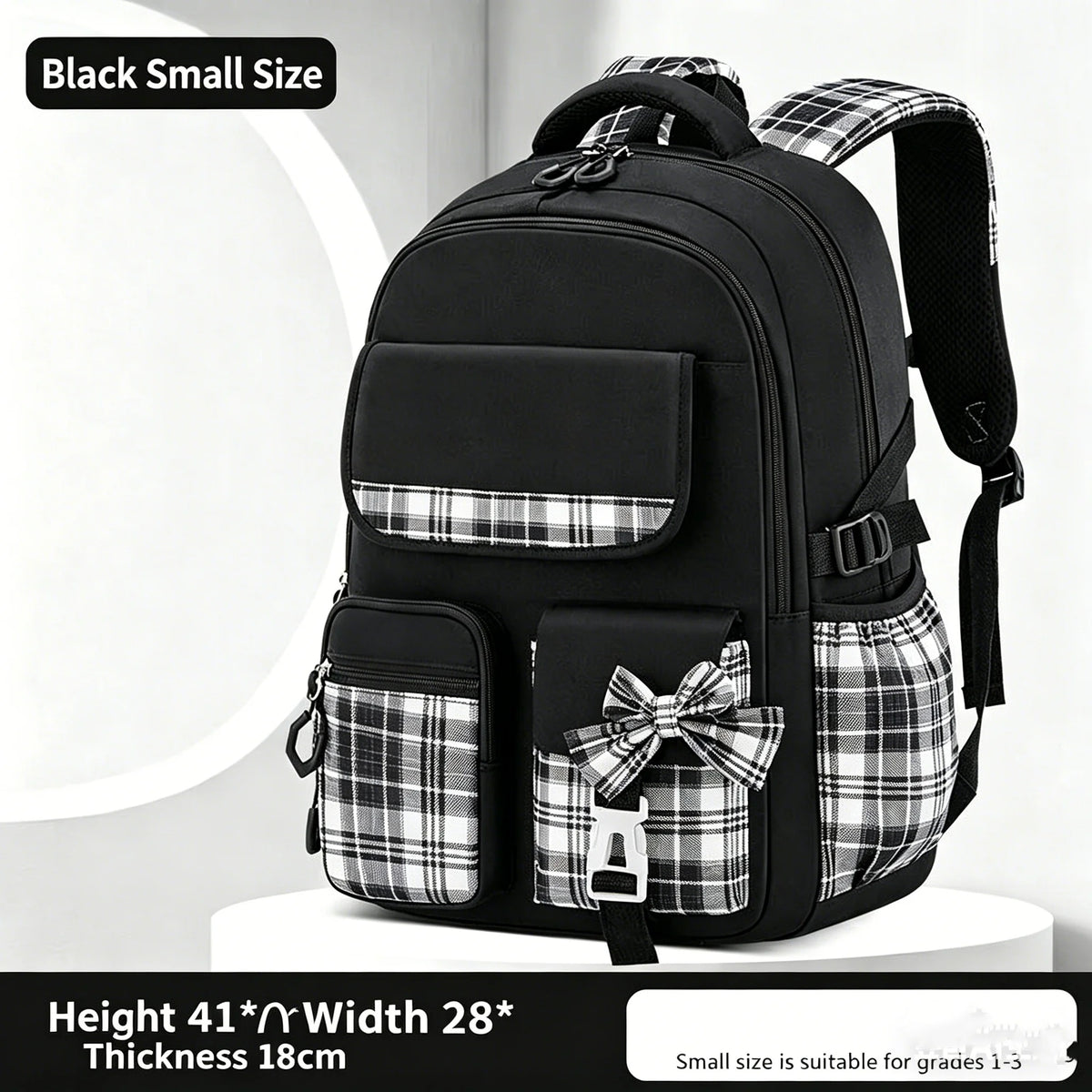 Lightweight checkered backpack showing contoured padded straps and back support panel