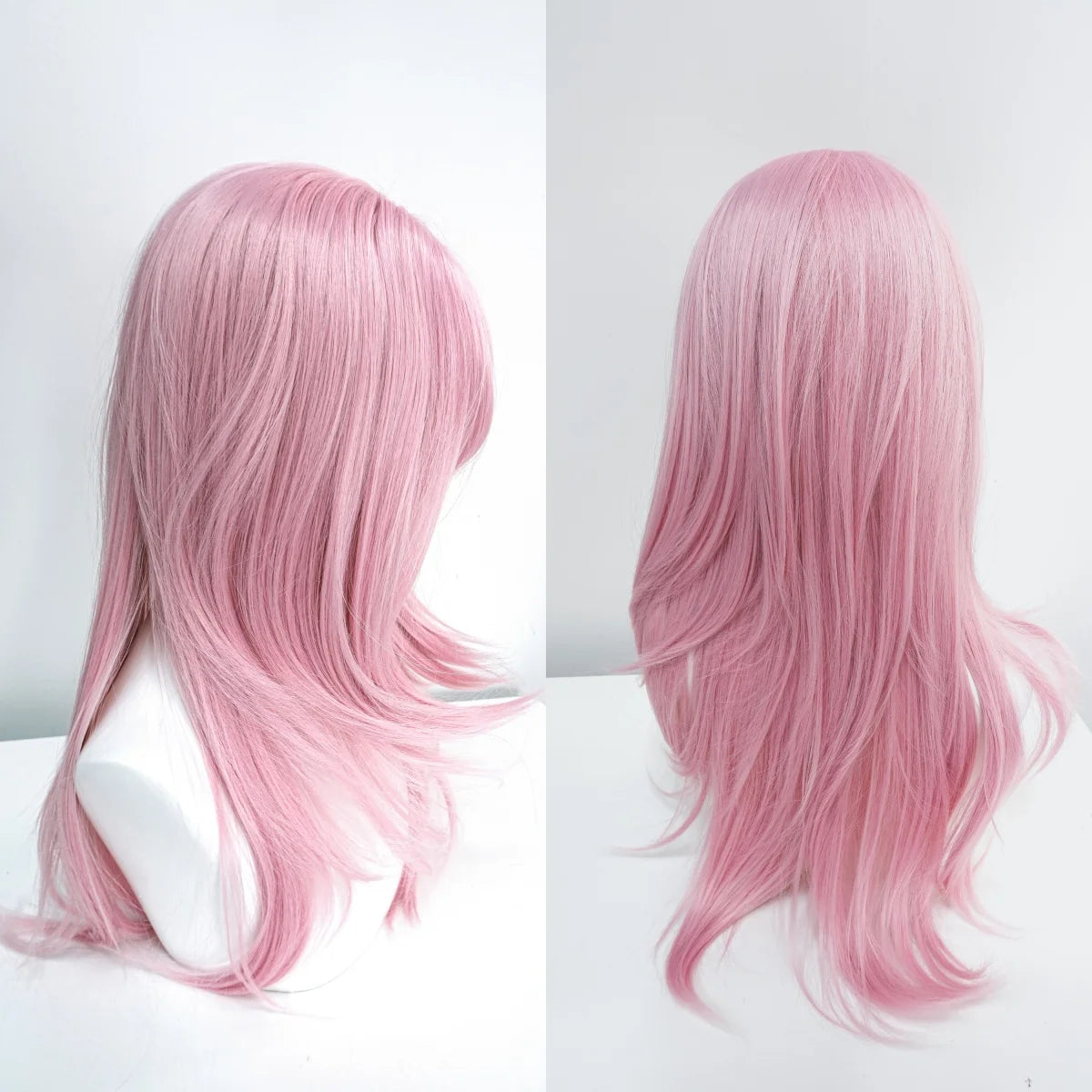 Curtain bangs close-up on pink Lolita wig heat-resistant synthetic fiber mannequin