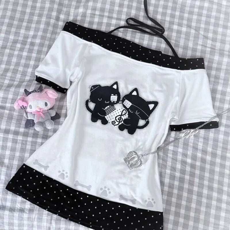 Kawaii Japanese-style white tee lace-up slash neckline detail close-up