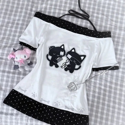 Kawaii Japanese-style white tee lace-up slash neckline detail close-up