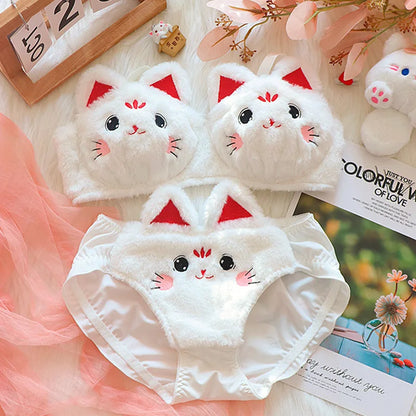 Kawaii Plush Bra Set - Cat & Bunny Cartoon Lingerie
